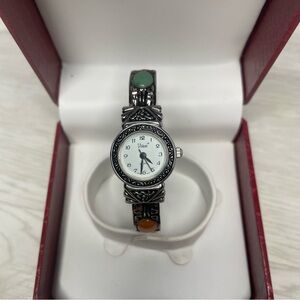 Vivani Women's 21mm Silver Tone Gem Stone Cuff Bracelet Watch With Box